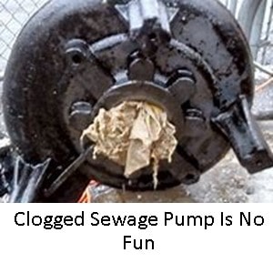 Sewage Pumps Get Clogged when wrong things are flisahed own the toilet. Here are some Wipes that clogged the Sewage pump.